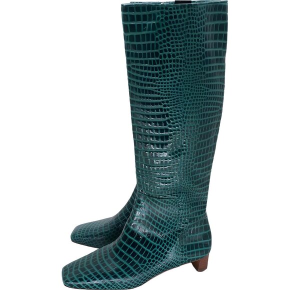 Frances Valentine Green Croc-Embossed Knee-High Boots - Picture 2 of 6